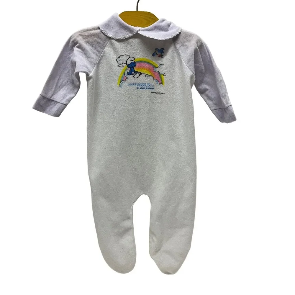 Vintage 80s SMURFS Baby Girl Sleeper 3-6M White/Purple Happiness Is A Rainbow